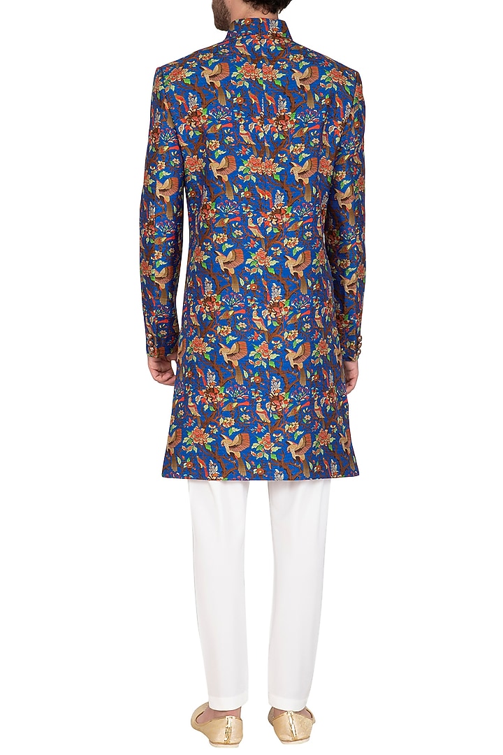 Blue Printed Wedding Sherwani Set by Nautanky By Nilesh Parashar Men at Pernia's Pop Up Shop