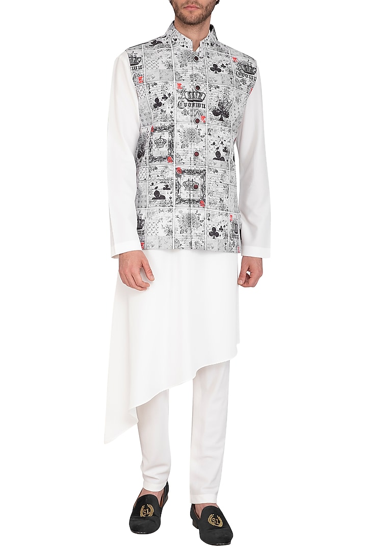 White & Black Printed Jacket With Kurta Set by Nautanky By Nilesh Parashar Men