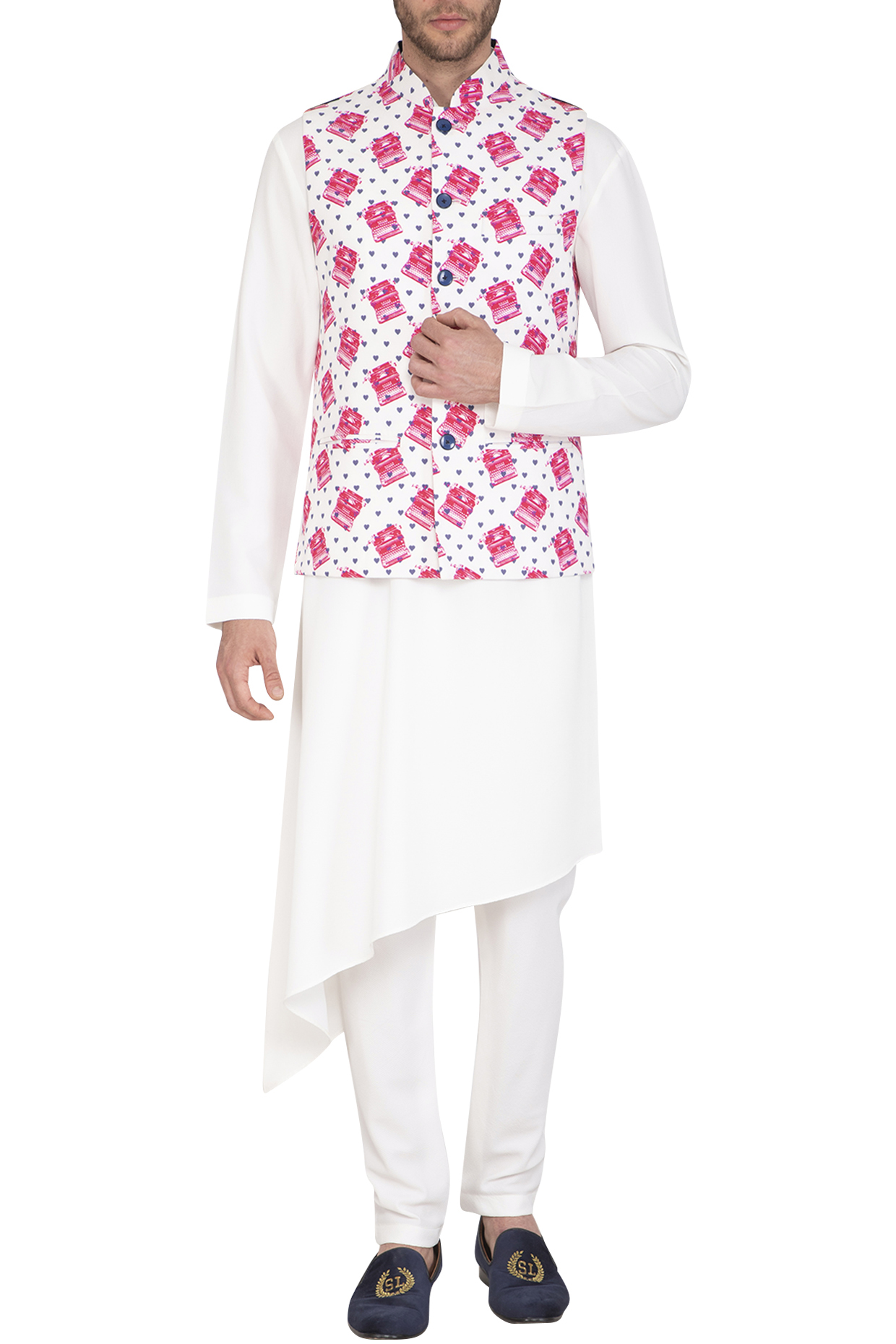 White Polyester Printed Bundi Jacket Set by Nautanky By Nilesh Parashar Men at Pernia's Pop Up Shop