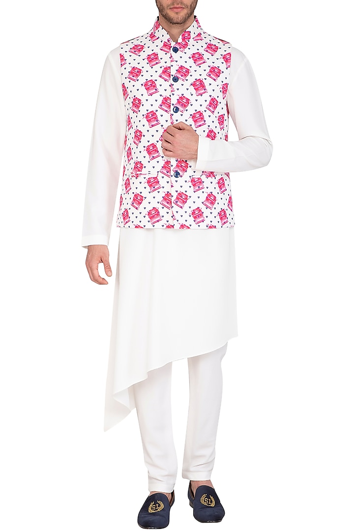White & Pink Printed Jacket With Kurta Set by Nautanky By Nilesh Parashar Men