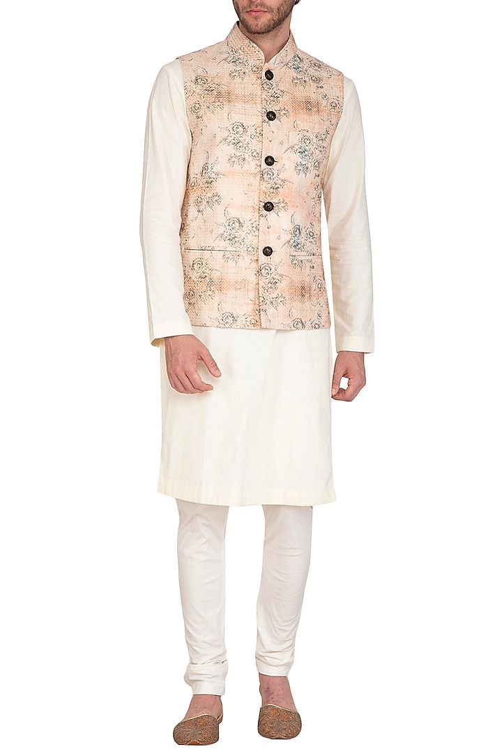 Beige & Rust Printed Jacket With Kurta Set by Nautanky By Nilesh Parashar Men