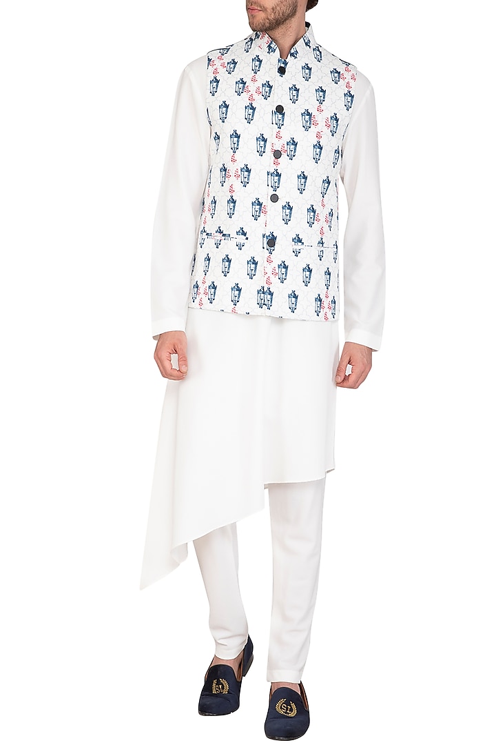 White & Blue Printed Jacket With Asymmetrical Kurta Set by Nautanky By Nilesh Parashar Men
