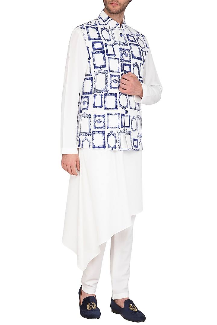 White & Blue Printed Jacket With Kurta Set by Nautanky By Nilesh Parashar Men