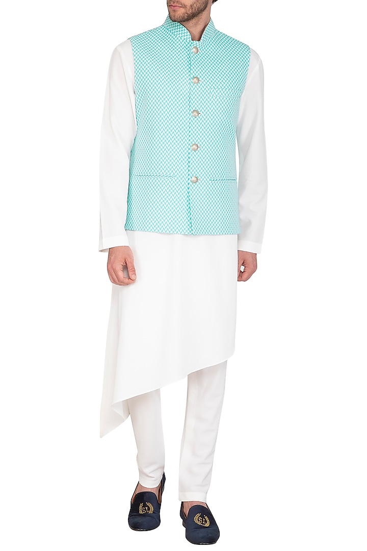 White Kurta Set With Powder Blue Printed Jacket by Nautanky By Nilesh Parashar Men