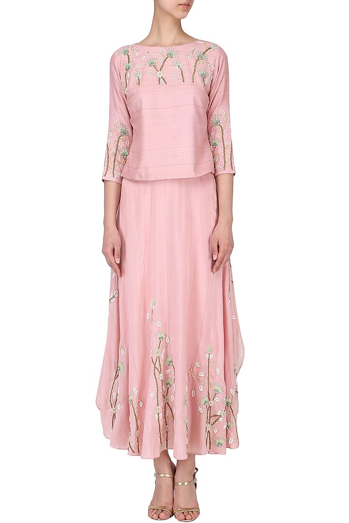 Blush pink floral embroidered top with panelled pants available only at Pernia's Pop Up Shop.