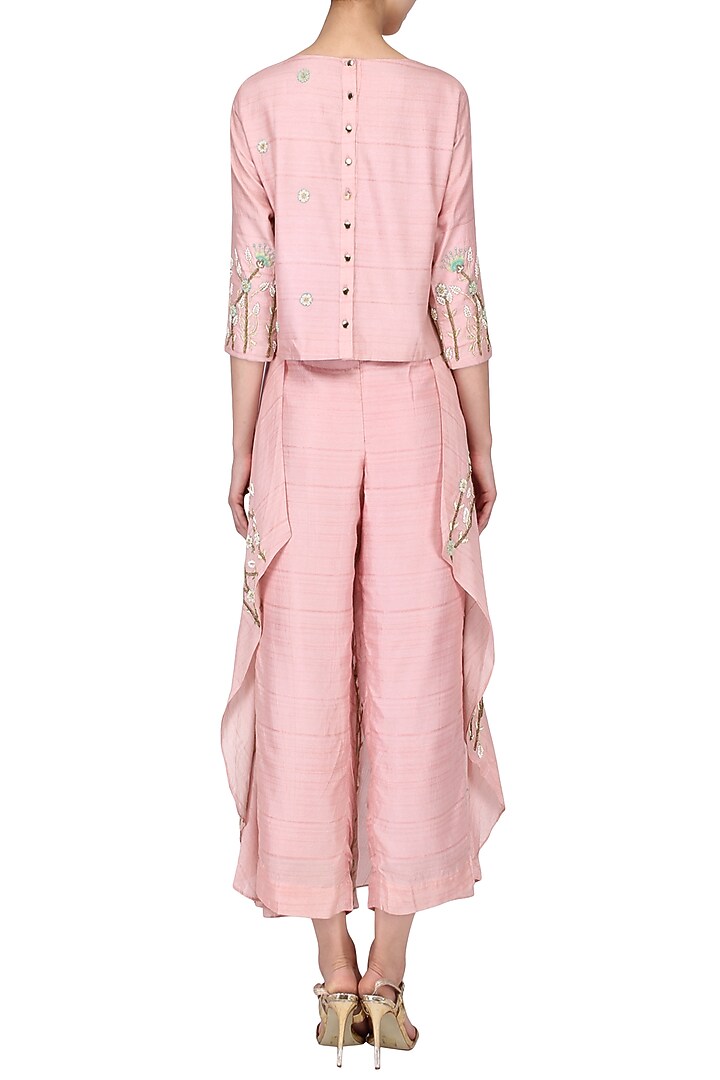 Blush pink floral embroidered top with panelled pants available only at Pernia's Pop Up Shop.
