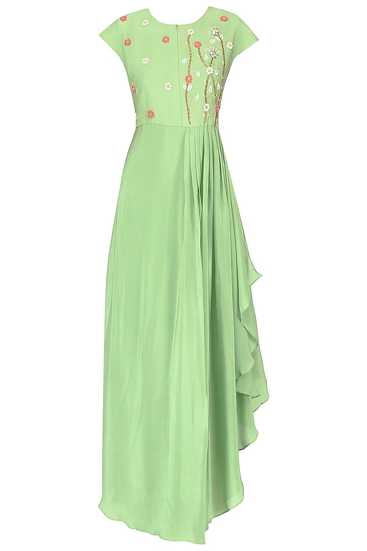 Mint floral embroidered pleated gown by Nautanky By Nilesh Parashar