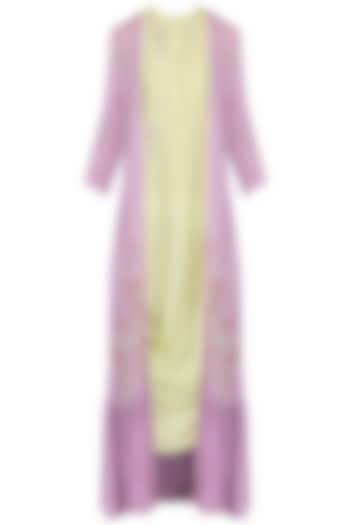 Olive drape dress with lilac embroidered cape by Nautanky By Nilesh Parashar