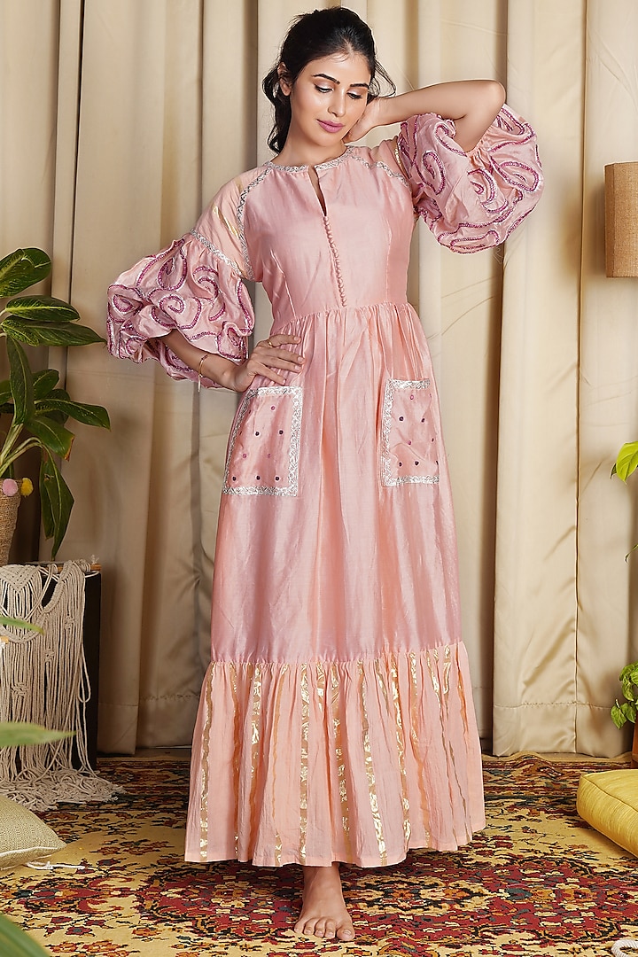 Peach Maxi Dress With Patch Work by Ne'Chi