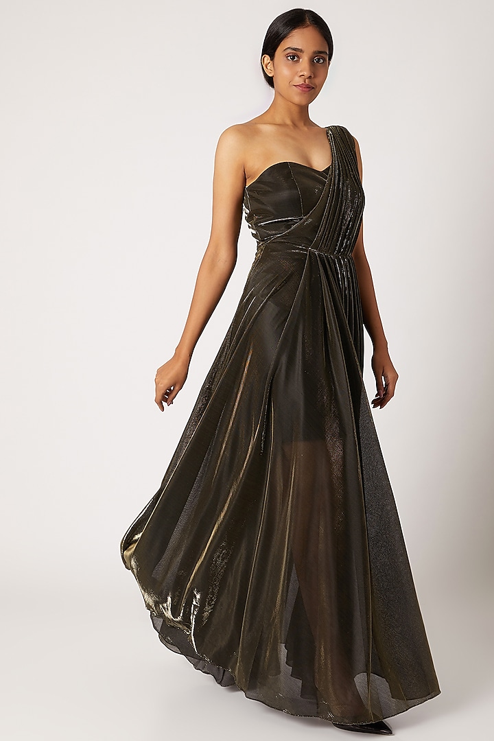 Gold Metallic Gown With Pleats by Nori