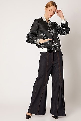 Black Bomber Jacket With Digital Print & Embroidery by Nori