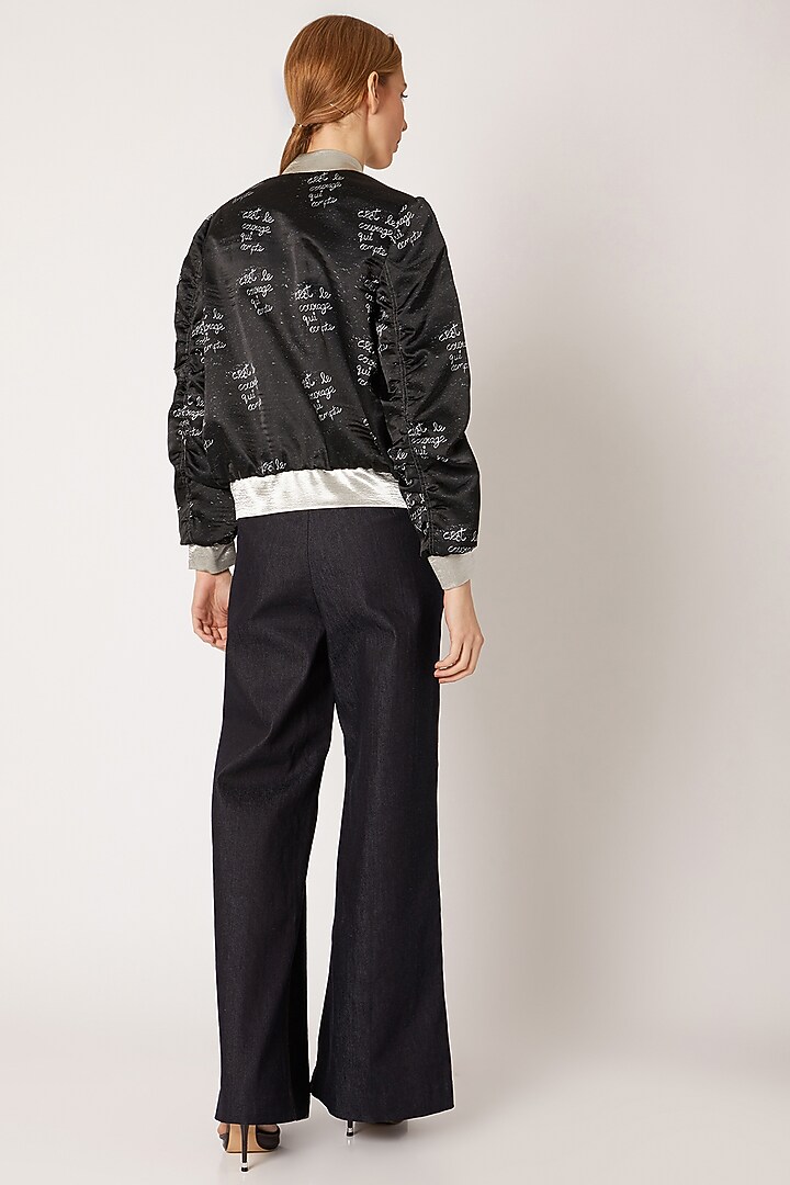 Black Bomber Jacket With Digital Print & Embroidery by Nori at Pernia's Pop Up Shop