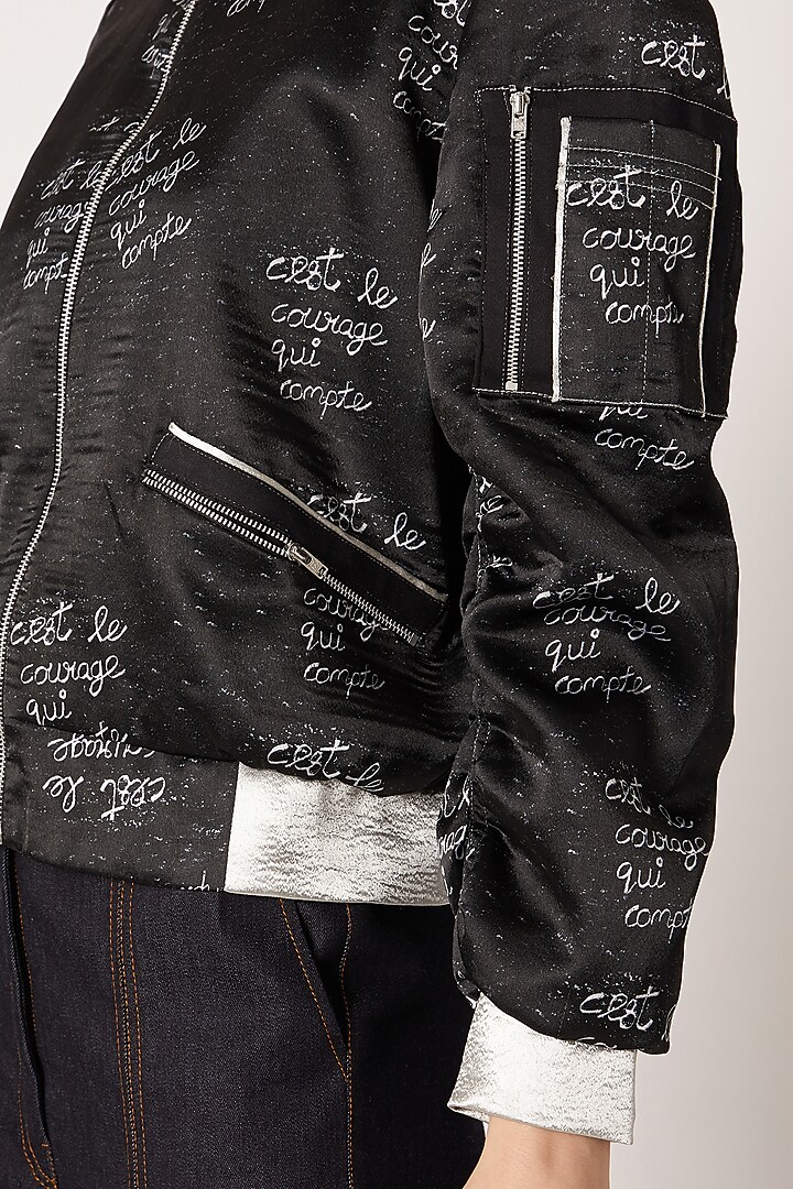 Black Bomber Jacket With Digital Print & Embroidery by Nori at Pernia's Pop Up Shop