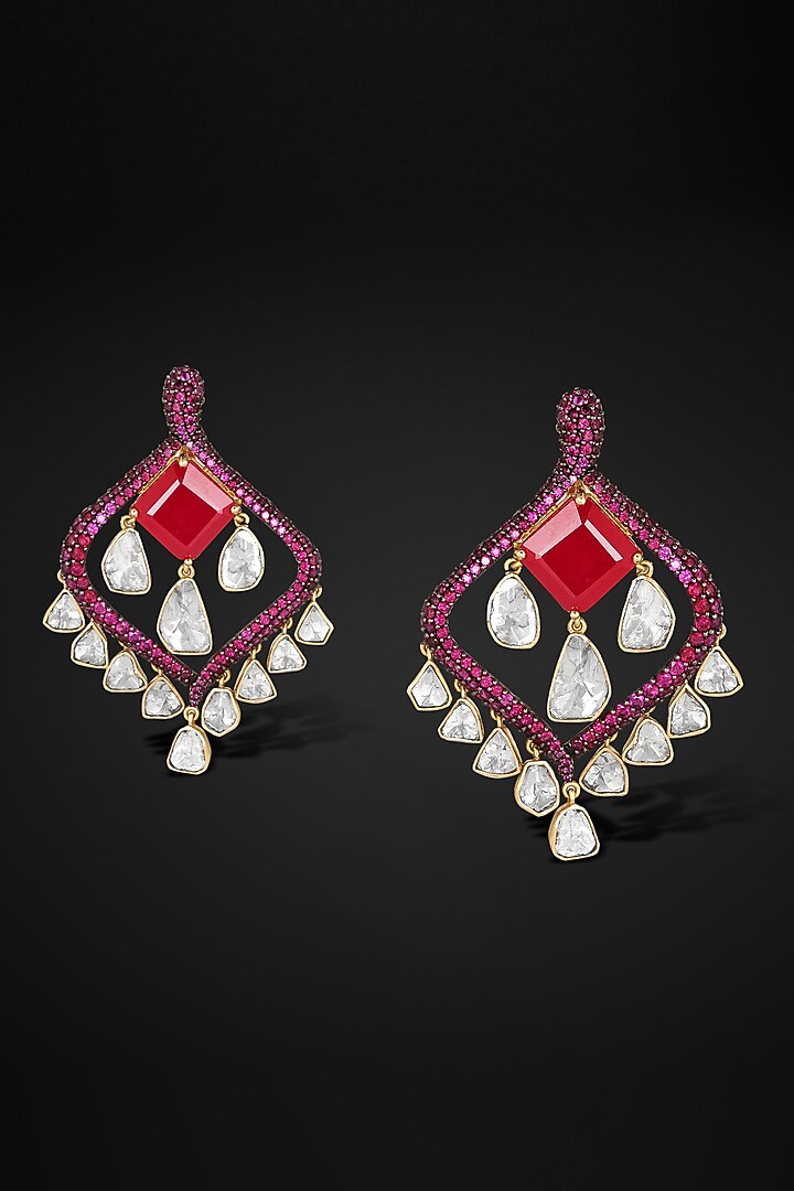 14kt Yellow Gold Finish Kundan Polki & Ruby Stone Dangler Earrings by Nornament at Pernia's Pop Up Shop