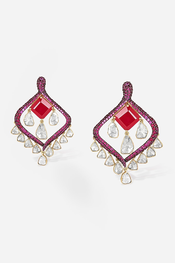 14kt Yellow Gold Finish Kundan Polki & Ruby Stone Dangler Earrings by Nornament at Pernia's Pop Up Shop