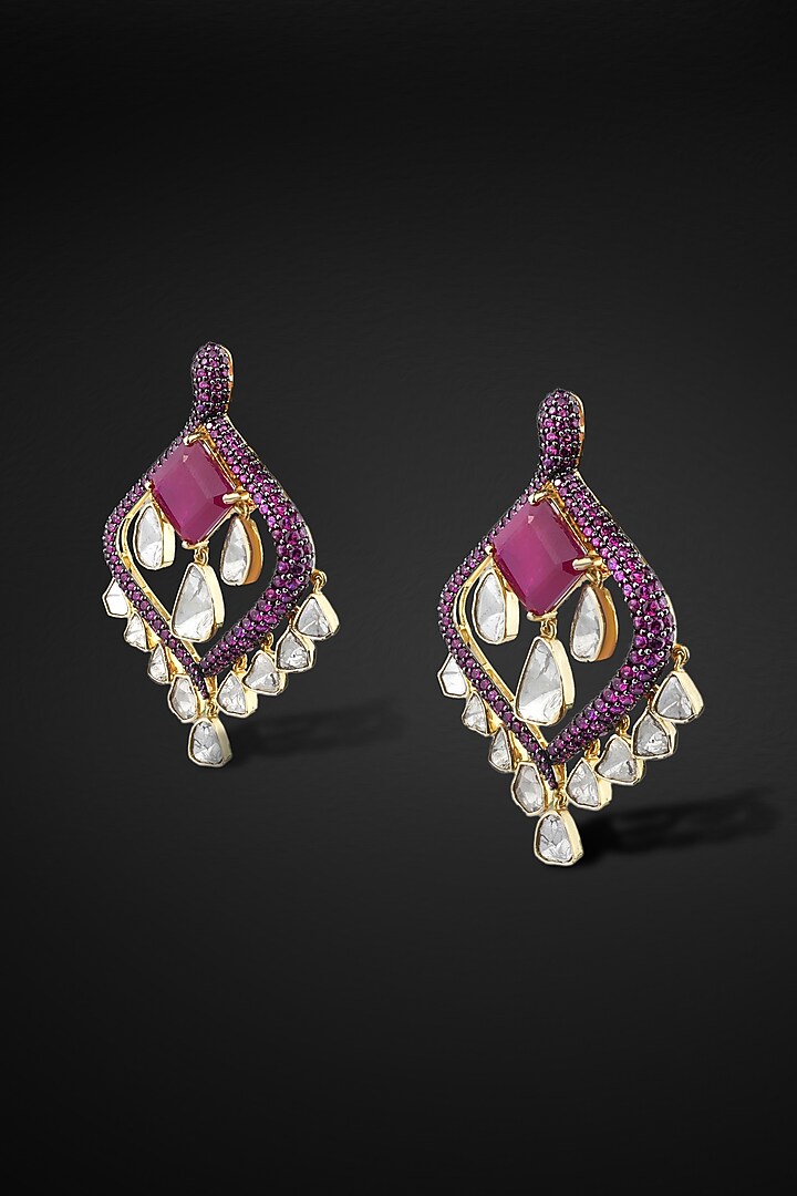 14kt Yellow Gold Finish Kundan Polki & Ruby Stone Dangler Earrings by Nornament at Pernia's Pop Up Shop