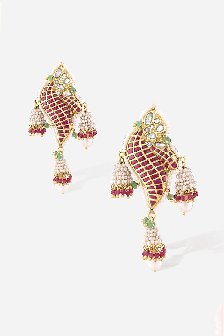 18kt Yellow Gold Finish Kundan Polki & Multi-Colored Stone Dangler Earrings by Nornament at Pernia's Pop Up Shop