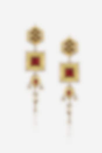 22kt Yellow Gold Finish Kundan Polki & Red Semi-precious Stone Enameled Dangler Earrings by Nornament at Pernia's Pop Up Shop