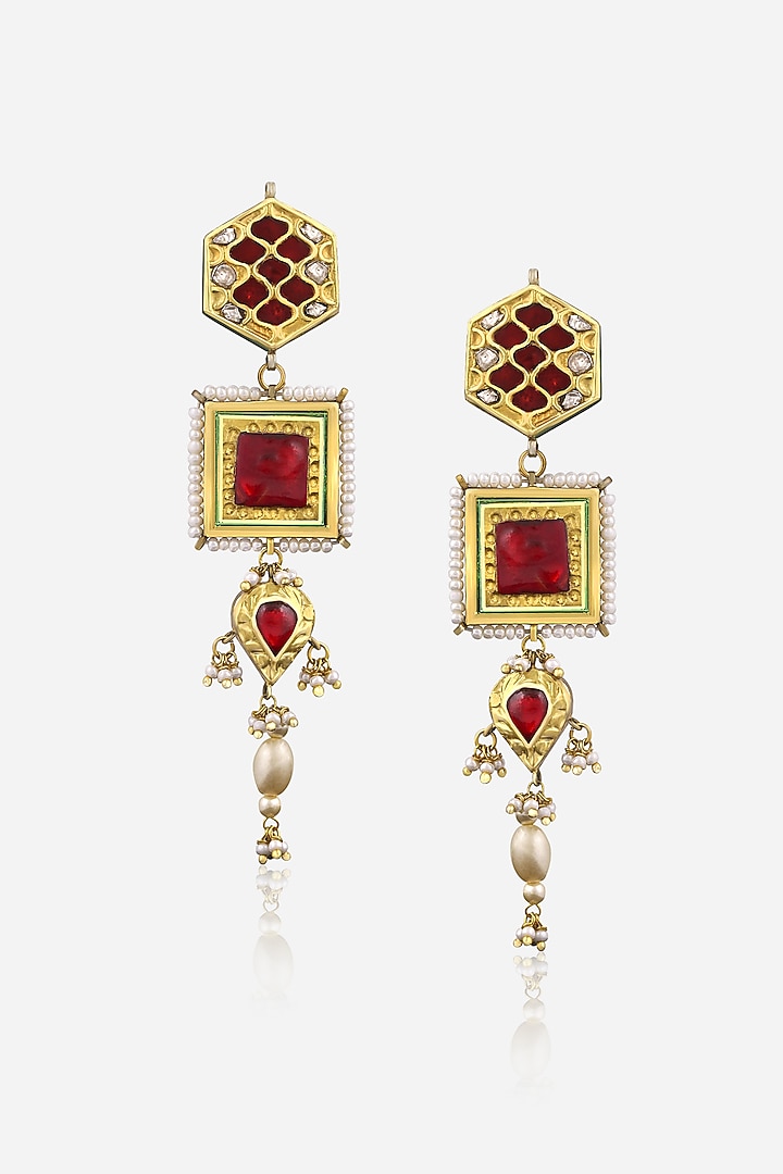 22kt Yellow Gold Finish Kundan Polki & Red Semi-precious Stone Enameled Dangler Earrings by Nornament at Pernia's Pop Up Shop