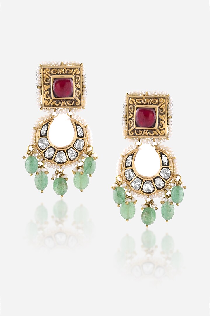 18kt Yellow Gold Finish Kundan Polki & Red Stone Dangler Earrings by Nornament at Pernia's Pop Up Shop