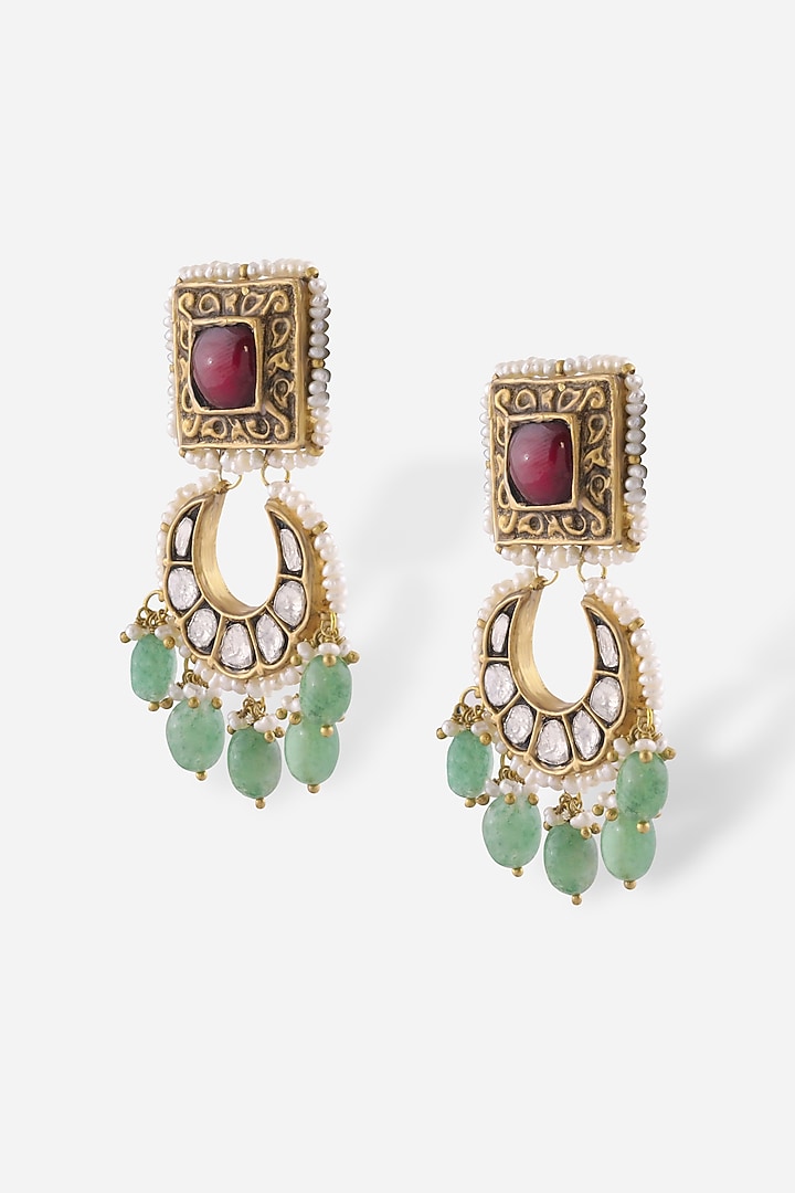 18kt Yellow Gold Finish Kundan Polki & Red Stone Dangler Earrings by Nornament  at Pernia's Pop Up Shop