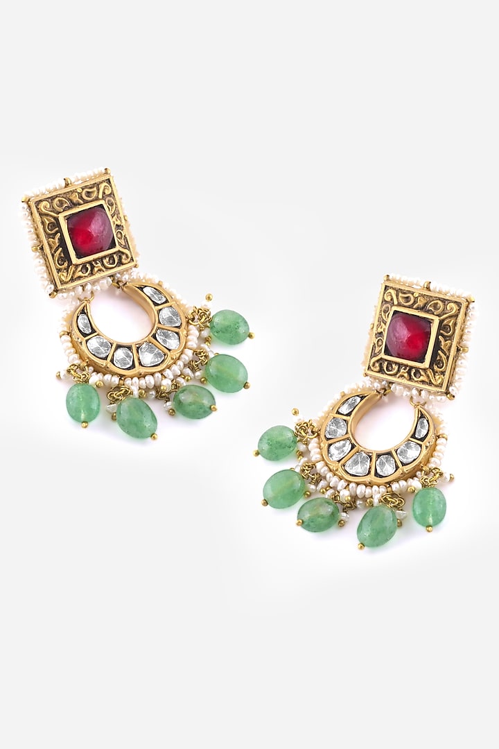 18kt Yellow Gold Finish Kundan Polki & Red Stone Dangler Earrings by Nornament  at Pernia's Pop Up Shop
