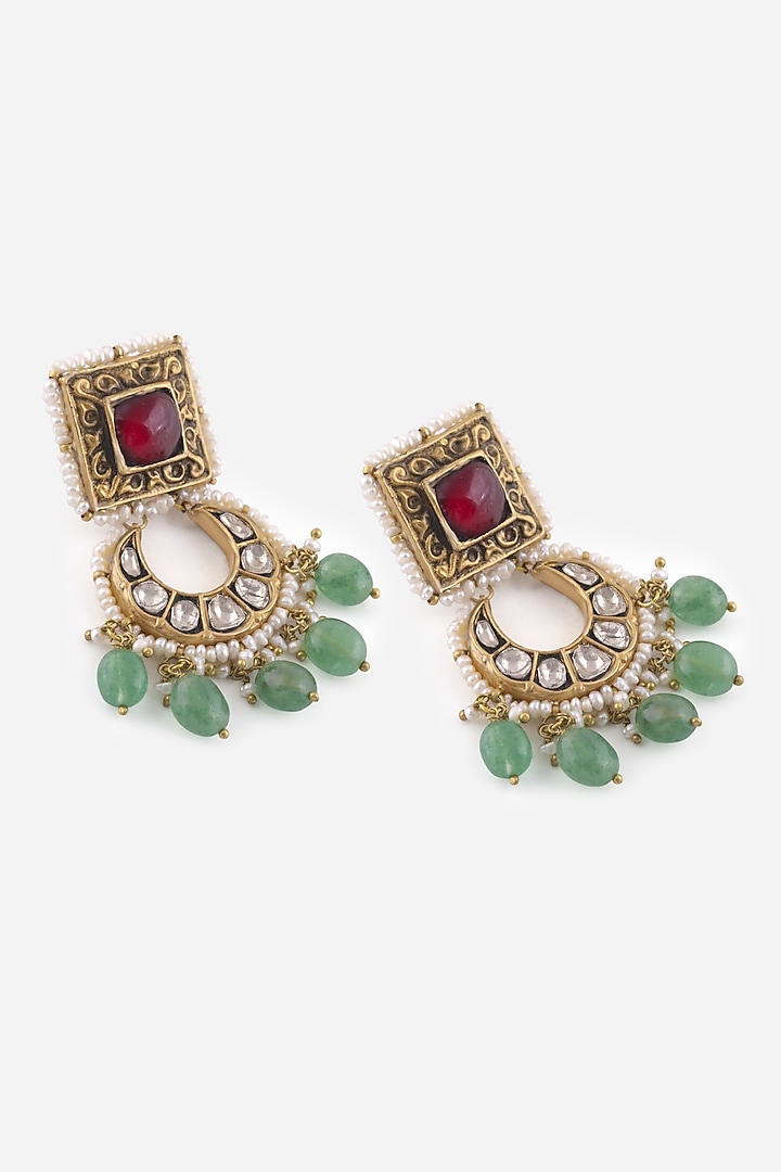 18kt Yellow Gold Finish Kundan Polki & Red Stone Dangler Earrings by Nornament  at Pernia's Pop Up Shop