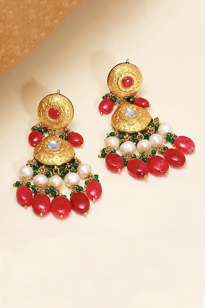 18kt Yellow Gold Finish Kundan Polki & Red Stone Dangler Earrings by Nornament at Pernia's Pop Up Shop