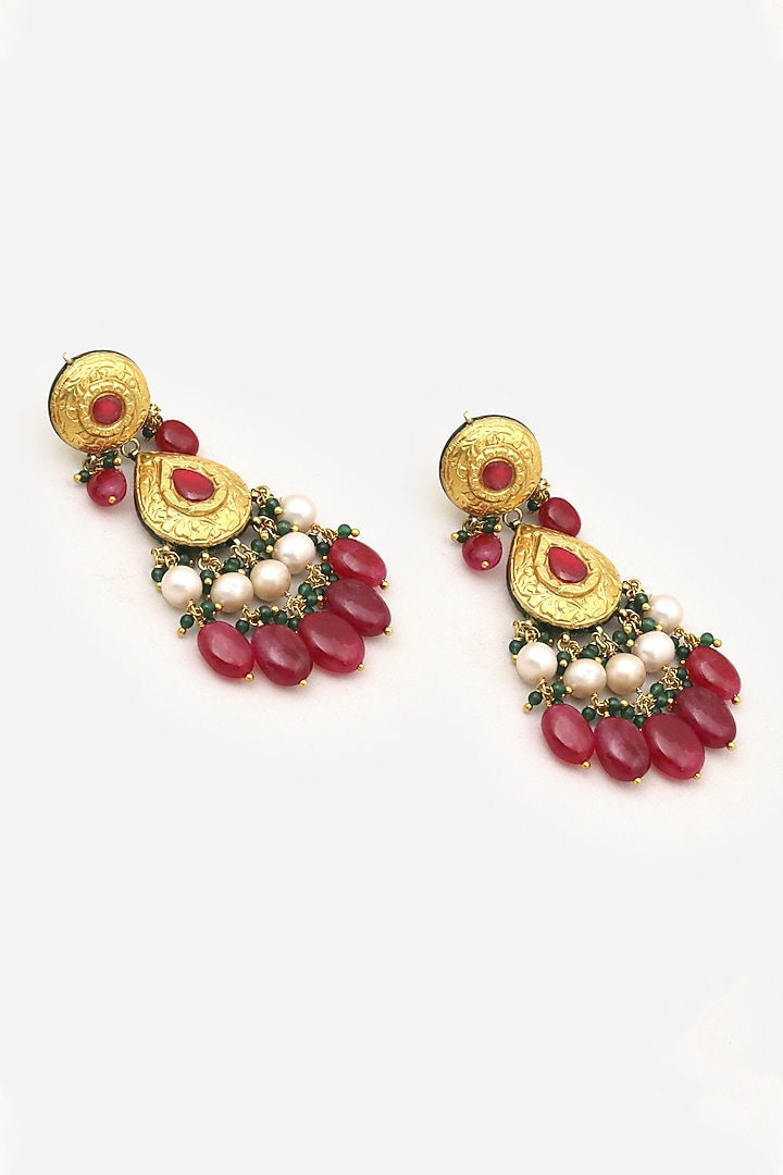 18kt Yellow Gold Finish Kundan Polki & Red Stone Dangler Earrings by Nornament  at Pernia's Pop Up Shop