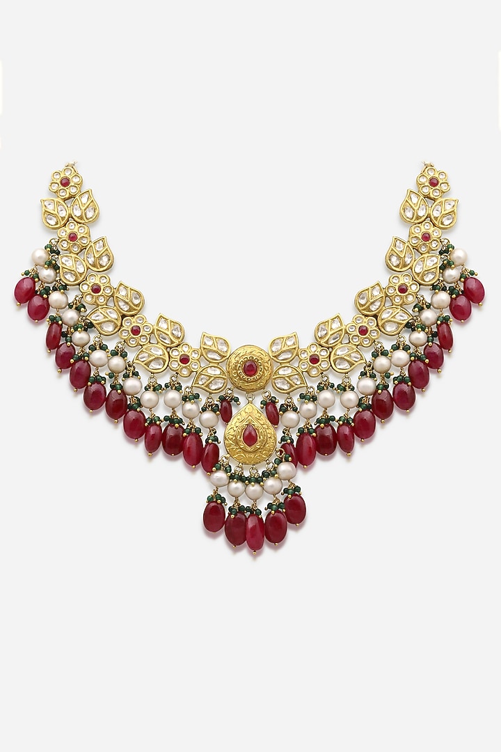 18kt Yellow Gold Finish Kundan Polki & Red Gemstone Necklace by Nornament at Pernia's Pop Up Shop