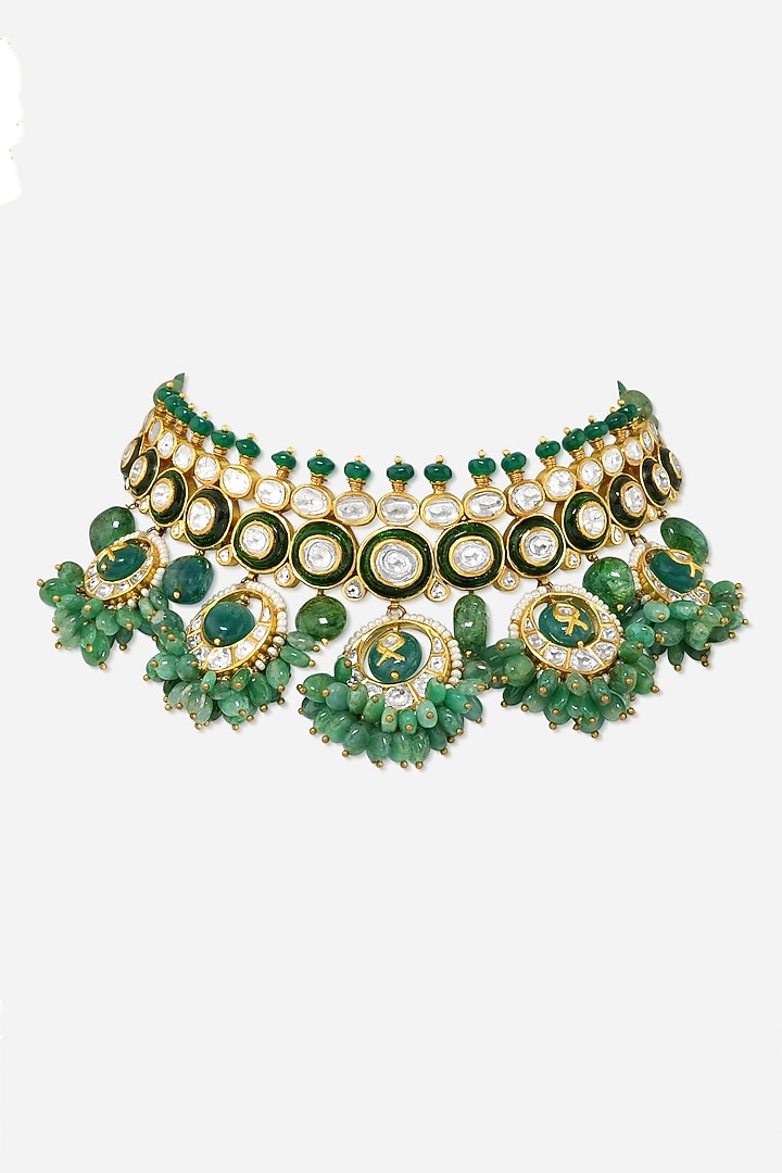 18kt Yellow Gold Finish Kundan Polki & Green Stone Choker Necklace by Nornament at Pernia's Pop Up Shop