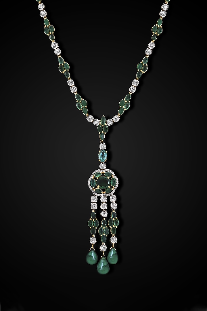 14kt Yellow Gold Finish Diamond & Green Stone Long Necklace by Nornament at Pernia's Pop Up Shop