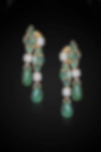 14kt Yellow Gold Finish Diamond & Emerald Green Dangler Earrings by Nornament at Pernia's Pop Up Shop