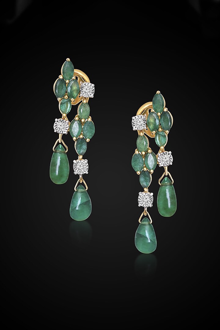 14kt Yellow Gold Finish Diamond & Emerald Green Dangler Earrings by Nornament at Pernia's Pop Up Shop