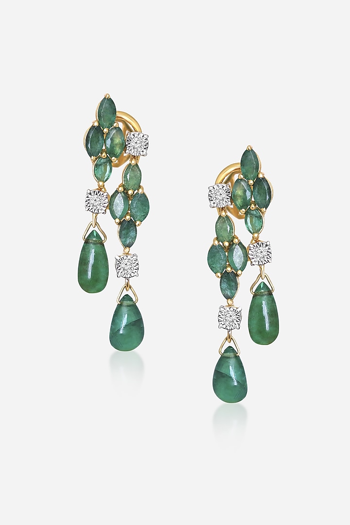 14kt Yellow Gold Finish Diamond & Emerald Green Dangler Earrings by Nornament at Pernia's Pop Up Shop