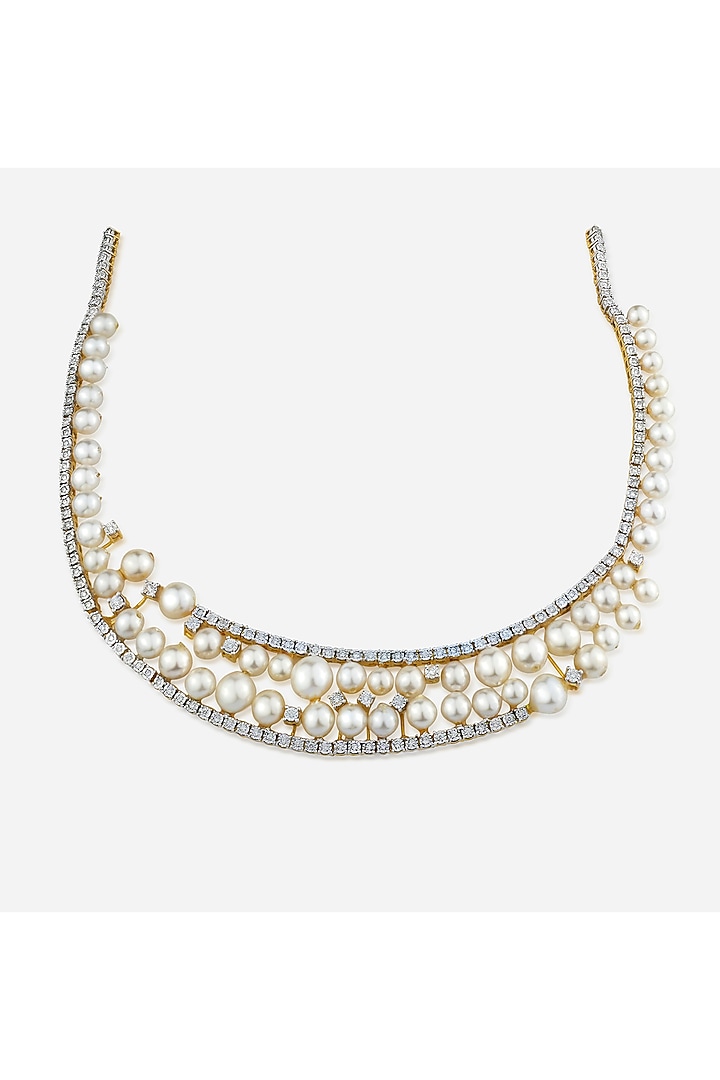 14kt Yellow Gold Finish Diamond & Pearl Layered Necklace by Nornament at Pernia's Pop Up Shop