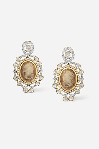 14kt Yellow Gold Finish Polki Diamond & Agate Stone Earrings by Nornament