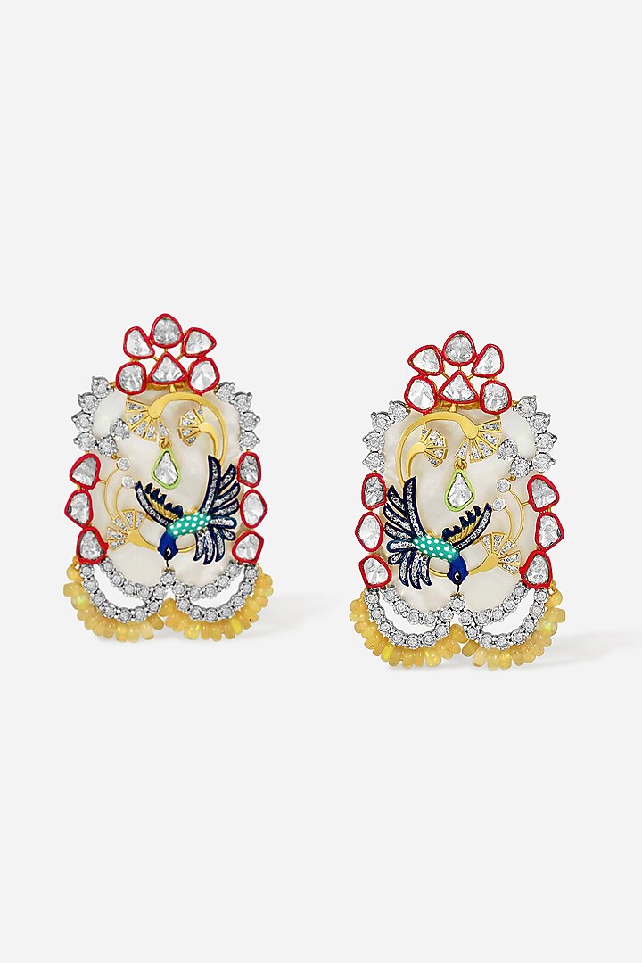14kt Yellow Gold Finish Polki Diamond Enameled Bird Earrings by Nornament at Pernia's Pop Up Shop
