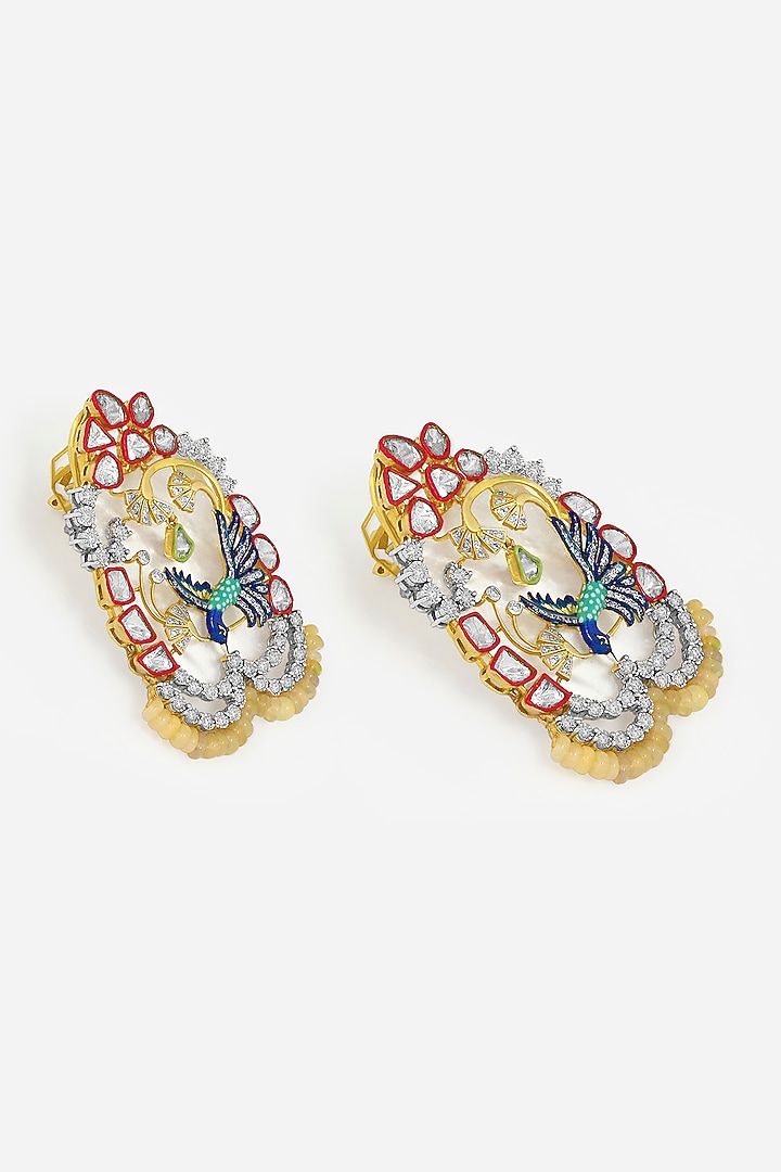 14kt Yellow Gold Finish Polki Diamond Enameled Bird Earrings by Nornament at Pernia's Pop Up Shop