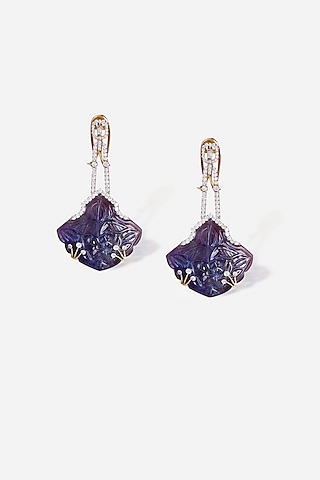 18kt Yellow Gold Finish Diamond & Tanzanite Stone Dangler Earrings by Nornament