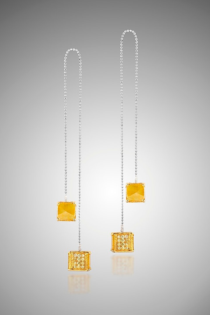 18kt Yellow Gold Finish Diamond Dice-Shaped Dangler Earrings by Nornament at Pernia's Pop Up Shop