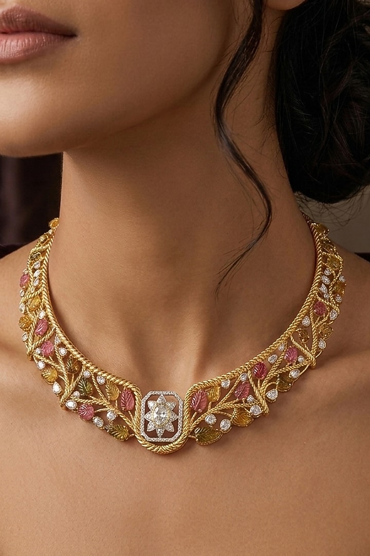 14kt Yellow Gold Finish Diamond & Tourmaline Stone Hasli Necklace by Nornament at Pernia's Pop Up Shop