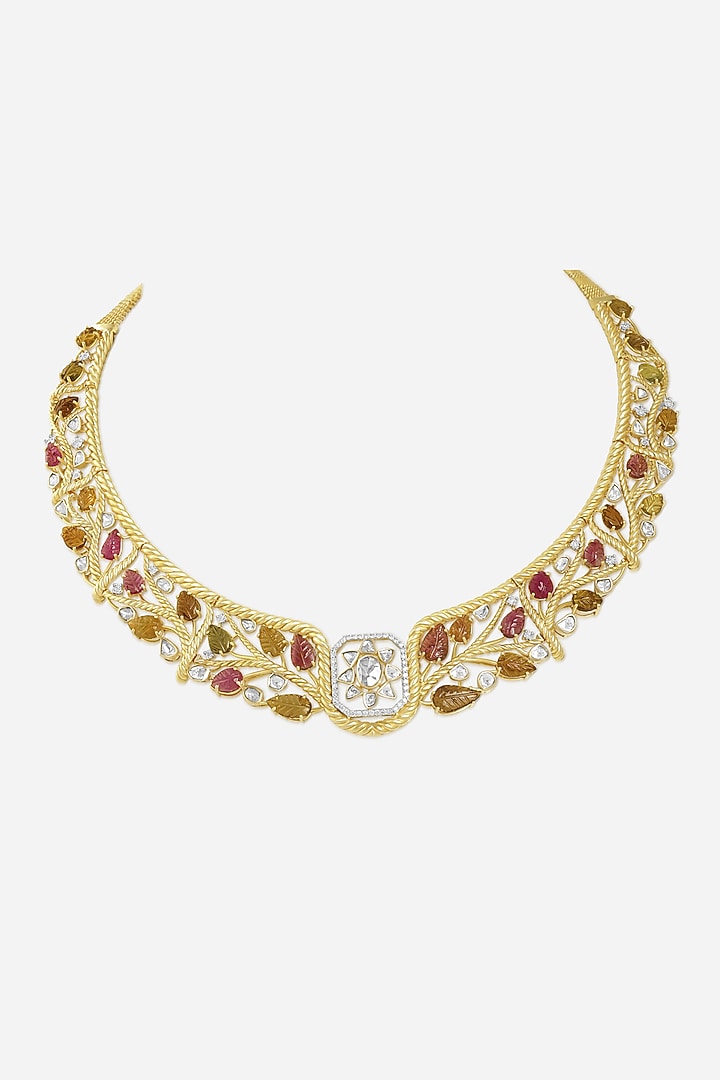 14kt Yellow Gold Finish Diamond & Tourmaline Stone Hasli Necklace by Nornament at Pernia's Pop Up Shop