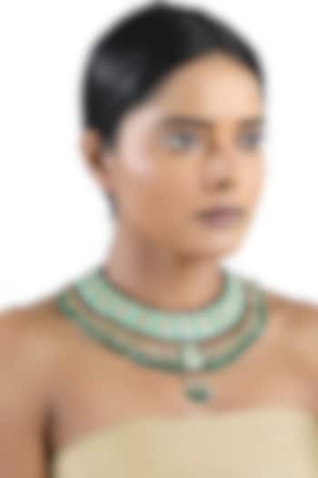 18kt Yellow Gold Finish Kundan Polki & Green Gemstone Enameled Jadau Necklace by Nornament at Pernia's Pop Up Shop