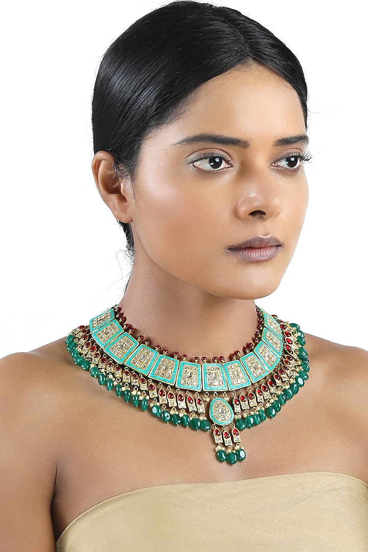 18kt Yellow Gold Finish Kundan Polki & Green Gemstone Enameled Jadau Necklace by Nornament at Pernia's Pop Up Shop