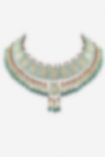 18kt Yellow Gold Finish Kundan Polki & Green Gemstone Enameled Jadau Necklace by Nornament at Pernia's Pop Up Shop