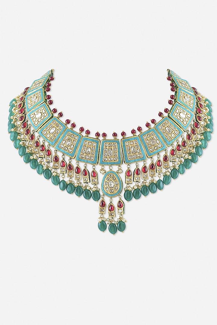 18kt Yellow Gold Finish Kundan Polki & Green Gemstone Enameled Jadau Necklace by Nornament at Pernia's Pop Up Shop