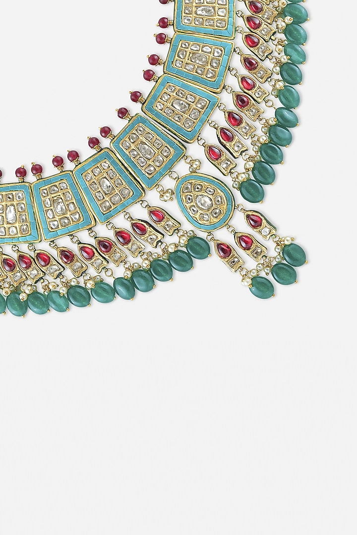 18kt Yellow Gold Finish Kundan Polki & Green Gemstone Enameled Jadau Necklace by Nornament at Pernia's Pop Up Shop