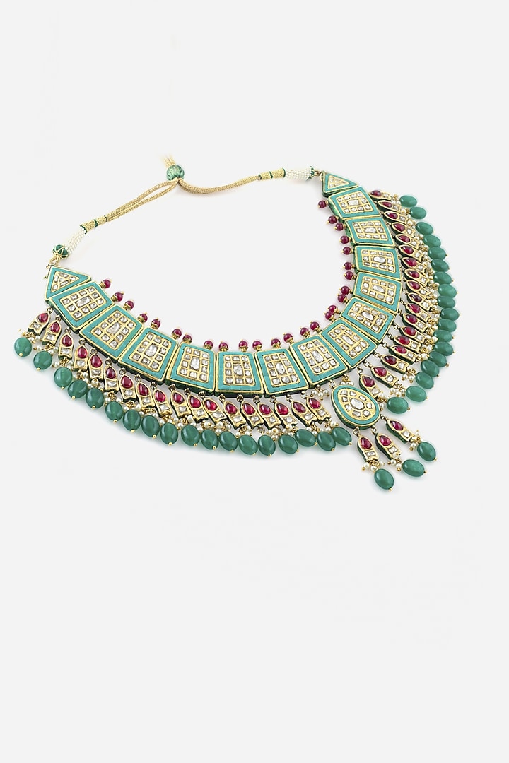 18kt Yellow Gold Finish Kundan Polki & Green Gemstone Enameled Jadau Necklace by Nornament at Pernia's Pop Up Shop