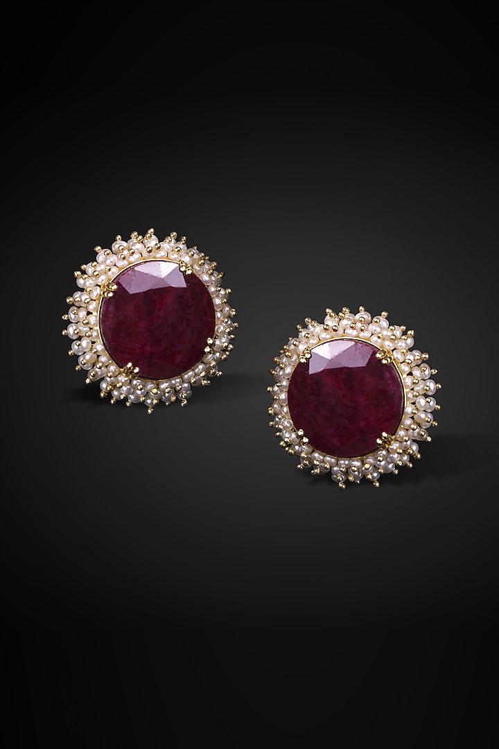 18kt Yellow Gold Finish Ruby Stone & Pearl Stud Earrings by Nornament at Pernia's Pop Up Shop